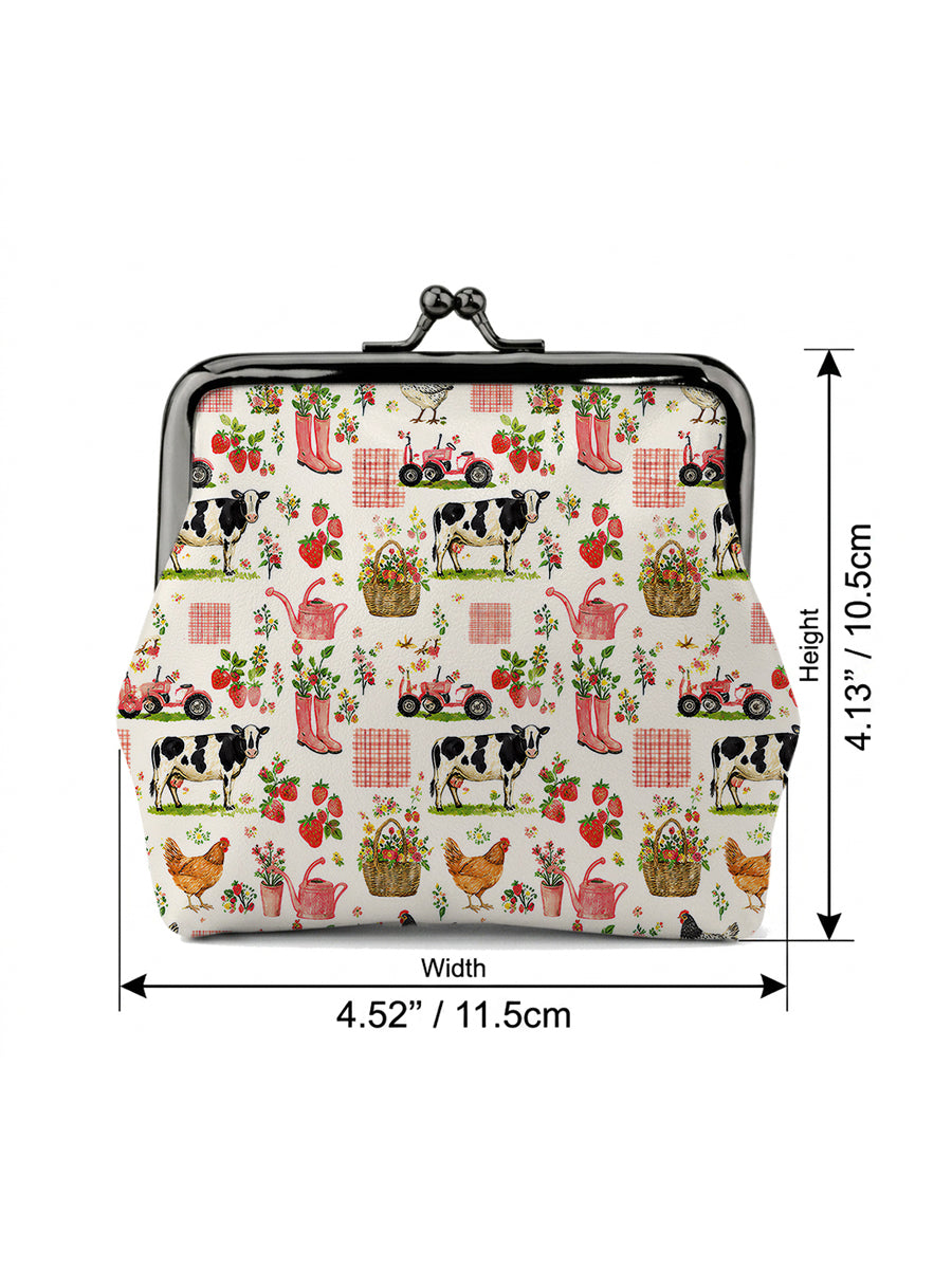 Watercolor Pink Farm Chicken Cow Print Leather Mini Clasp Purse