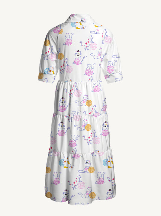 V Neck Collared Color Yarn Garden Cat Print Casual Midi Dress With Pockets