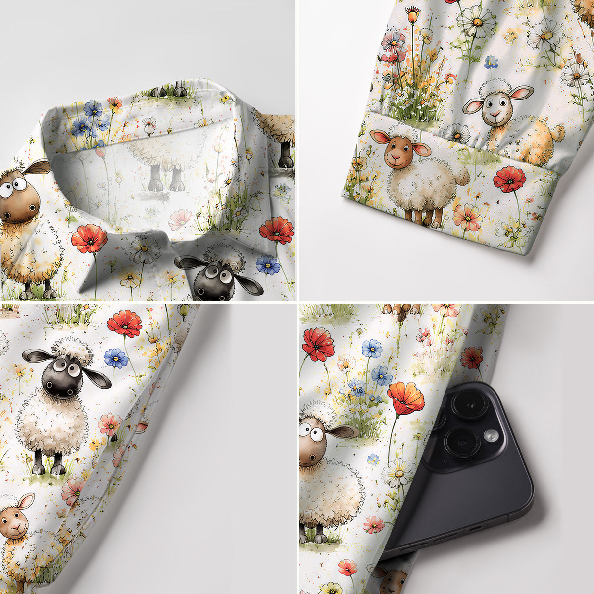 V Neck Collared Whimsical Sheep Clipart Mini Dress For Women With Pockets