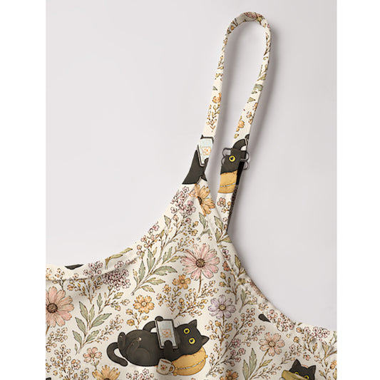Books Blooms and Black Cats Print Spaghetti Strap Mini Dress