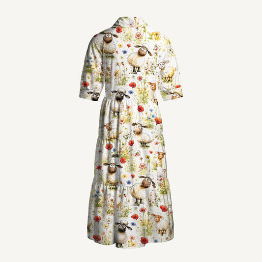 Whimsical Sheep Clipart Print Casual Midi Dress With Pockets