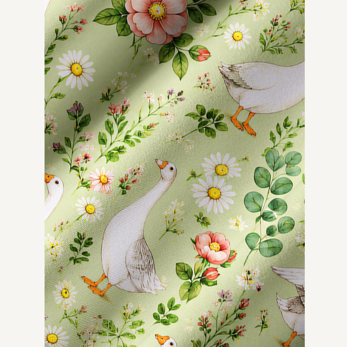 Pastoral Goose Garden Print Boho Long Sleeve Tie‑Neck Smock Mini Dress