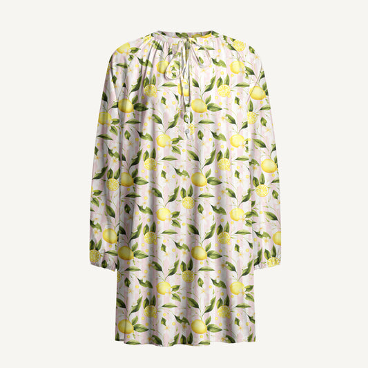 Lemon Grove Sunshine Print Boho Tie‑Neck Smock Mini Dress