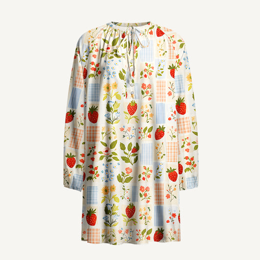 Strawberry Garden Patchwork Print Boho Long Sleeve Tie‑Neck Smock Mini Dress
