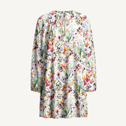 Watercolor Wildflower Garden Print Boho Tie‑Neck Smock Mini Dress