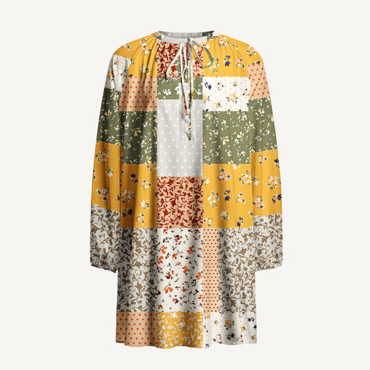 Rustic Floral Patchwork Print Boho Tie‑Neck Smock Mini Dress