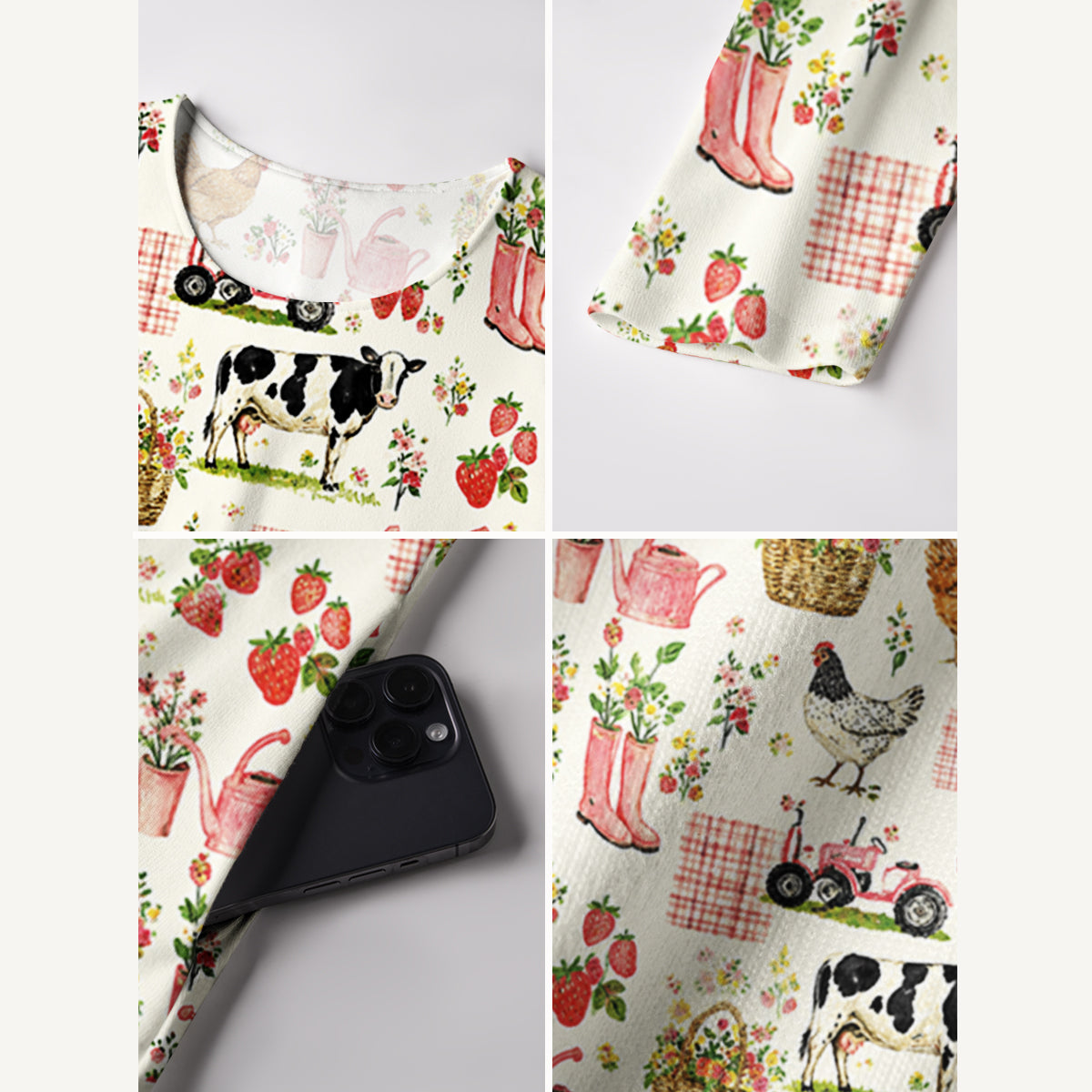 Watercolor Pink Farm Chicken Print Soft-Touch Stretch Knit Long Sleeve Maxi Dress with Pockets