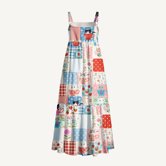 Teatime Kitty Patchwork Print Wide Straps Maxi Dress With Pockets