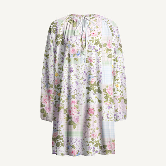 Pastel Rose Print Boho Long Sleeve Tie‑Neck Smock Mini Dress