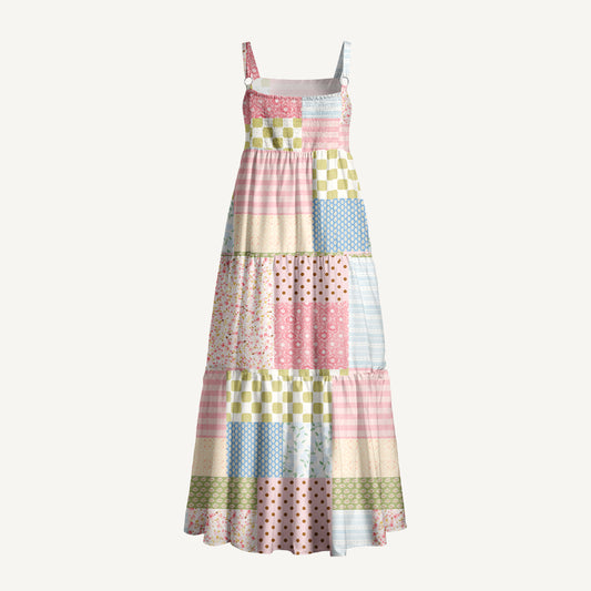 Sweet Farm Patchwork Print Wide Straps Maxi Dress With Pockets