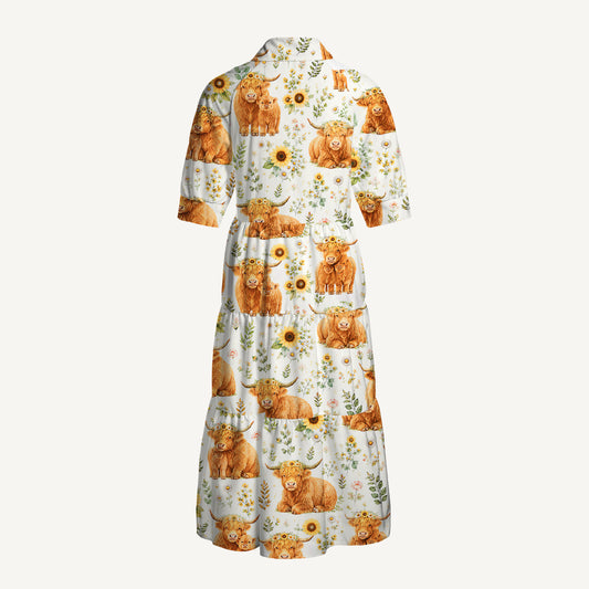 Spring Highland Cow Print Casual Midi Dress With Pockets