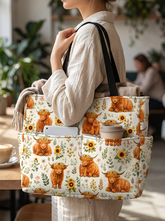 Spring Highland Cow Floral Print Tote Bag