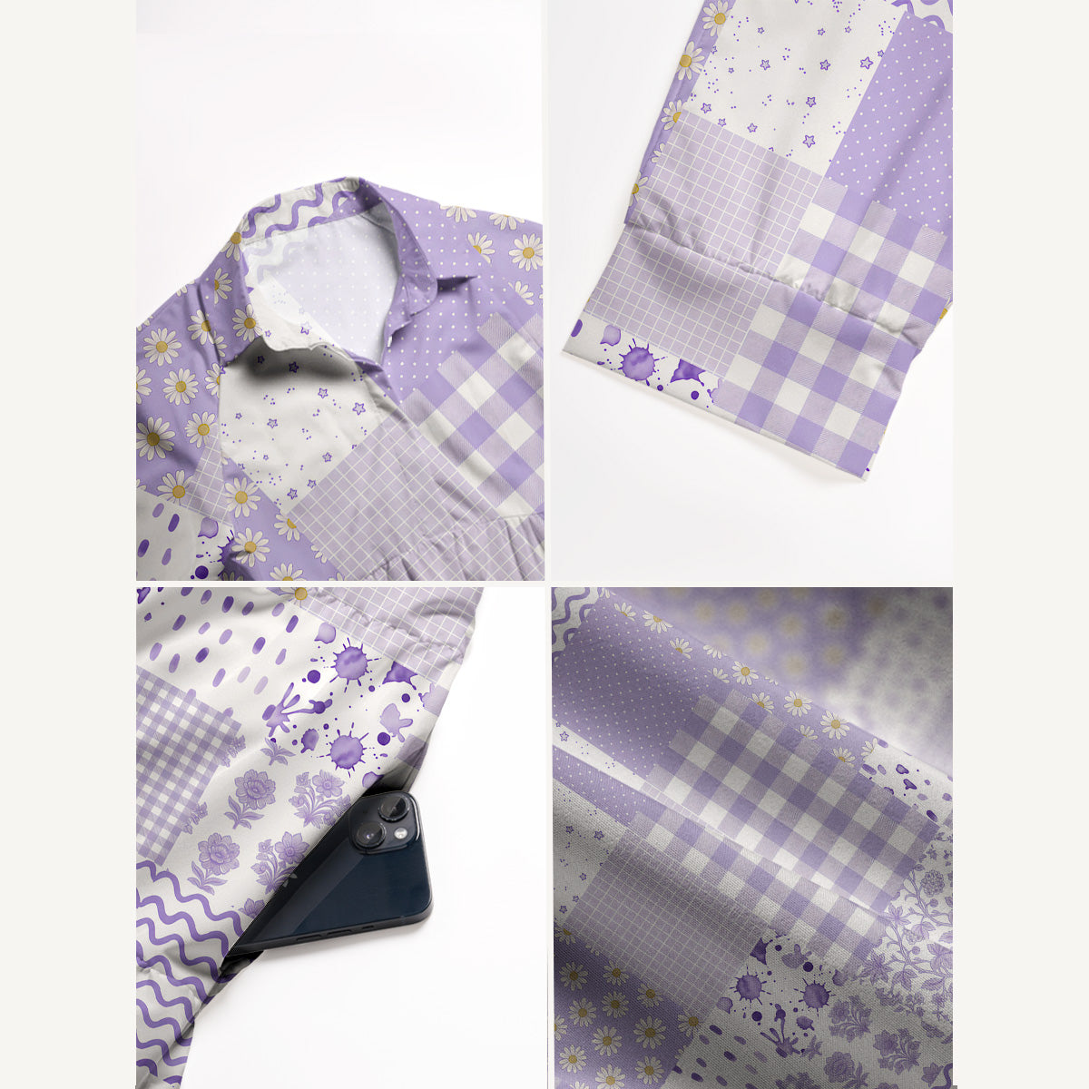 V Neck Collared Lavender Field Patchwork Print Quilt Print Casual Midi Dress With Pockets
