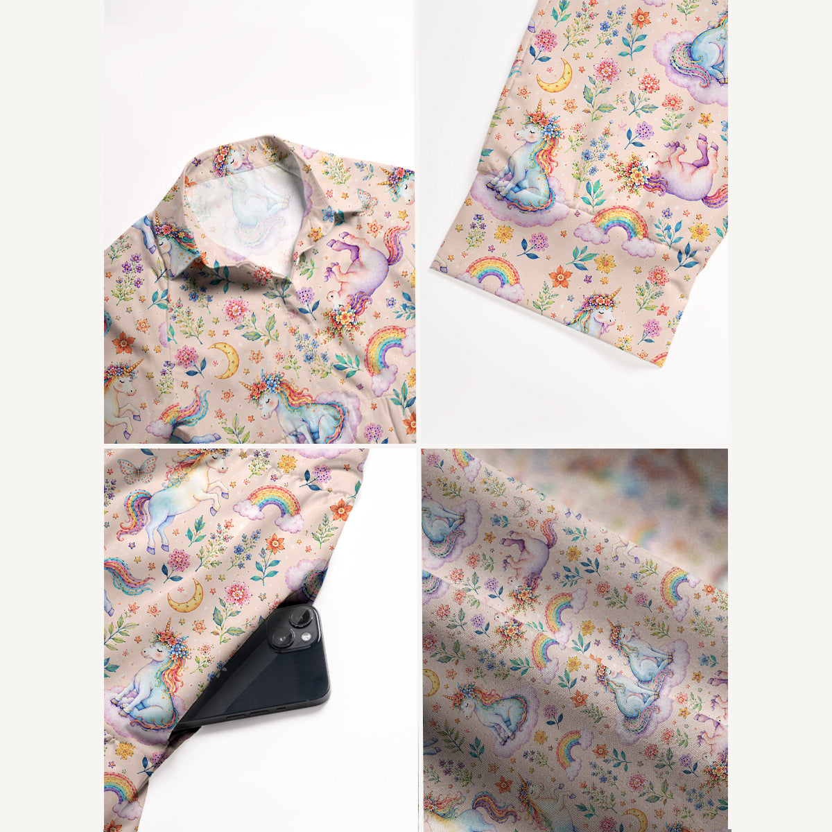 V Neck Collared Unicorn Bloom Fantasy Print Quilt Print Casual Midi Dress With Pockets