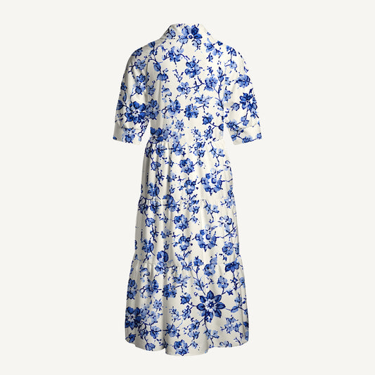 V Neck Collared Delft Blue Vintage Floral Print Casual Midi Dress With Pockets