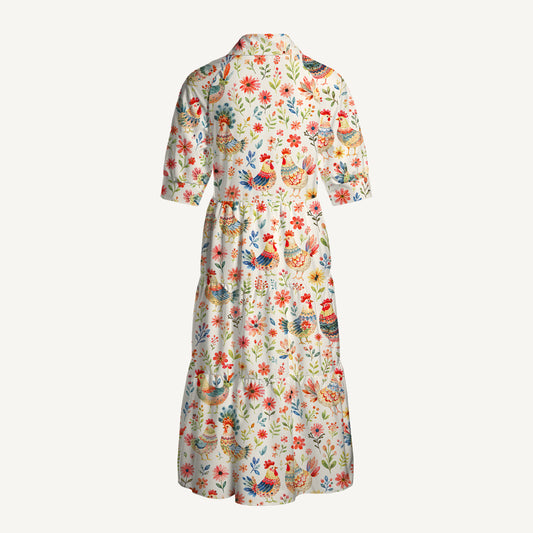 V Neck Collared Country Rooster Garden Print Casual Midi Dress With Pockets