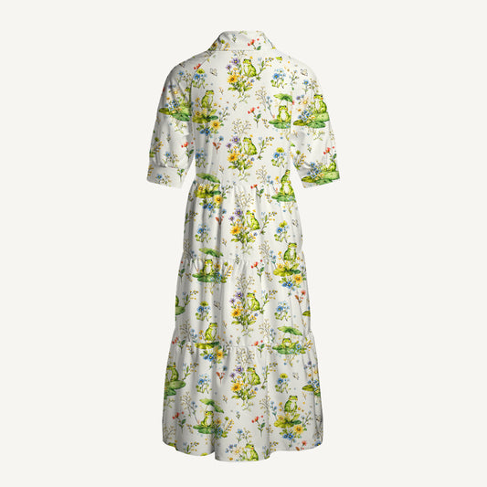 V Neck Collared Pond Frog Garden Print Casual Midi Dress With Pockets