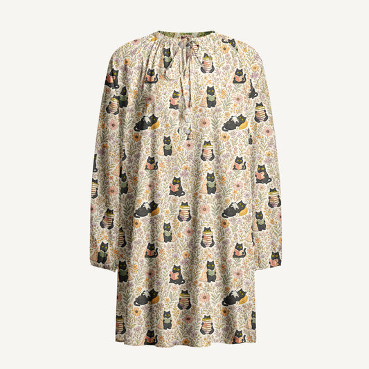 Books Blooms and Black Cats Print Boho Tie‑Neck Smock Mini Dress
