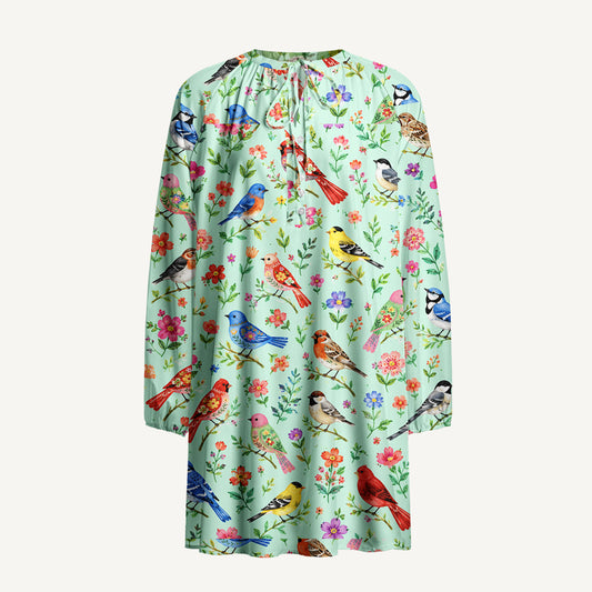 Colorful Songbird Garden Print Boho Tie‑Neck Smock Mini Dress