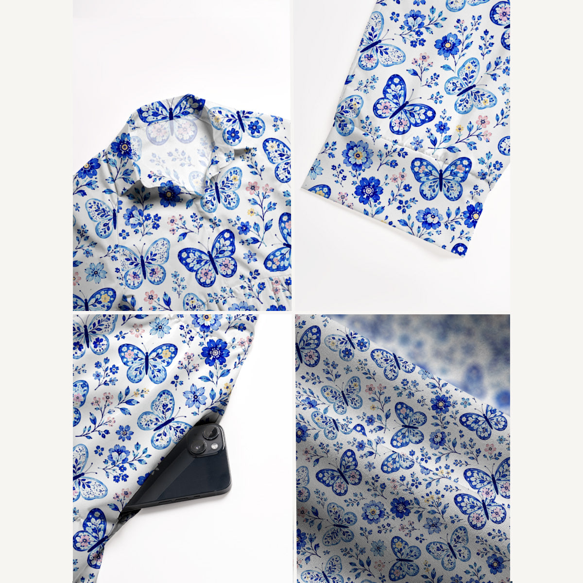 V Neck Collared Delft Blue Butterfly Floral Print Casual Midi Dress With Pockets