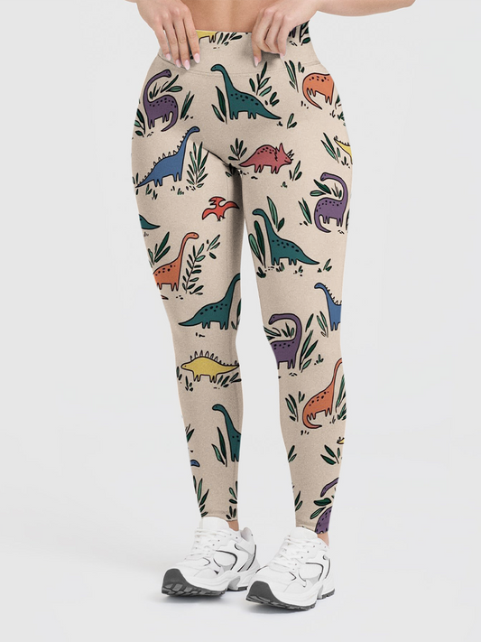 Vintage Cartoon Dino & Plants Leggings