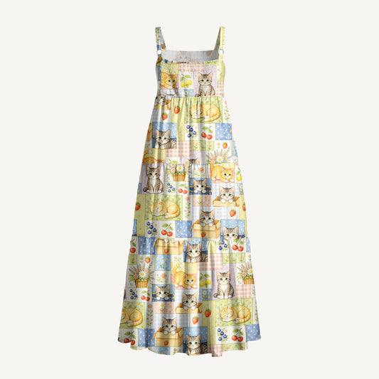 Vintage Patchwork Kitty Print Wide Straps Maxi Dress With Pockets