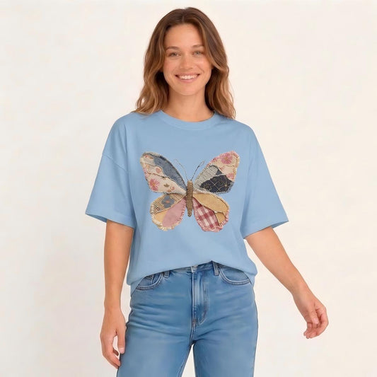 Quilt Patch Butterfly Print Crew Neck Cotton Tee