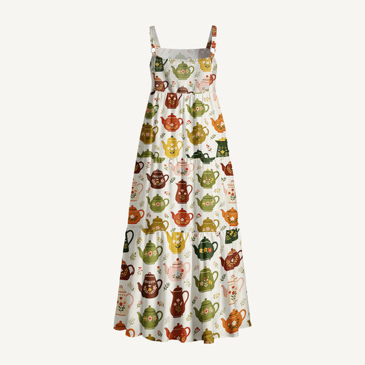 Tea Party Teapots Print Wide Straps Maxi Dress With Pockets