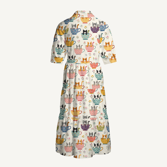 V Neck Collared Perler Bead Cat Print Casual Midi Dress With Pockets