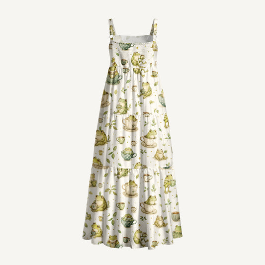 Whimsical Frogs and Teacups Print Wide Straps Maxi Dress With Pockets