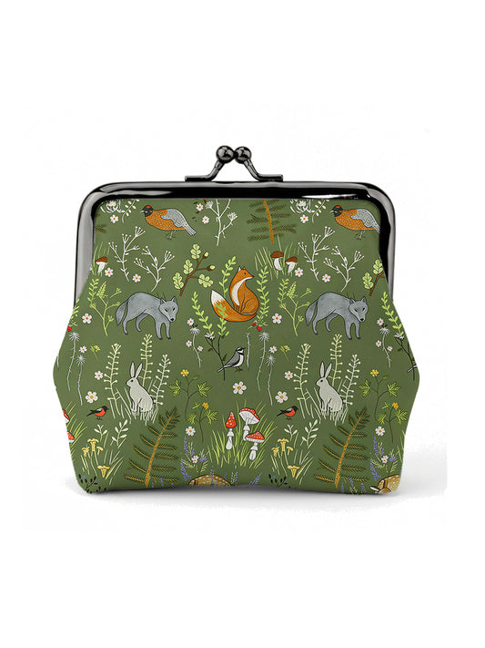 Whimsical Woodland Animals Print Leather Mini Clasp Purse