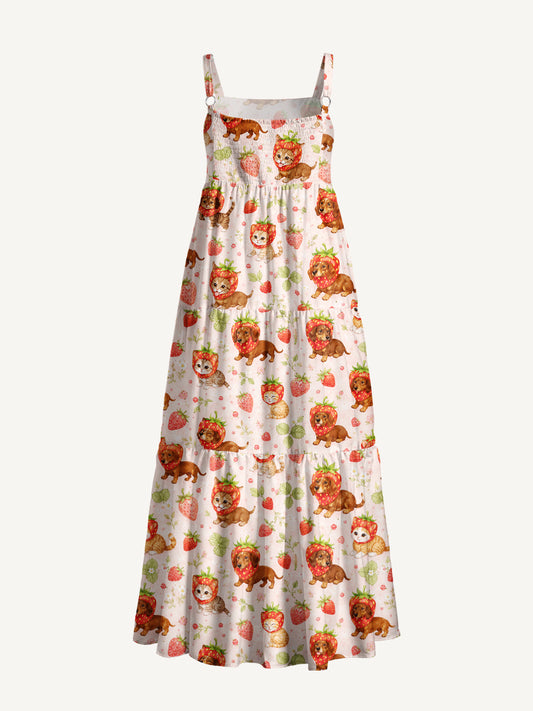 Strawberry-Sweet Puppies and Kittens Print Wide Straps Maxi Dress With Pockets