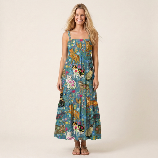 Colorful Garden Cat Pattern Wide Straps Maxi Dress With Pockets