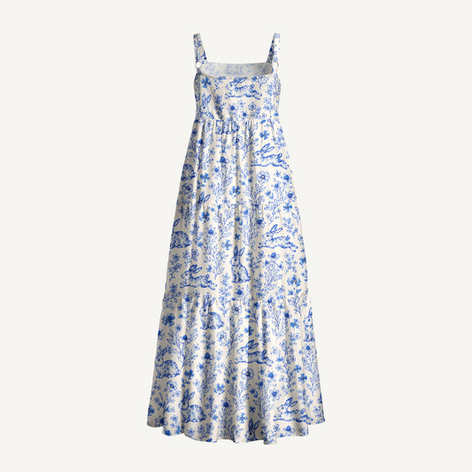 Blue Meadow Bunnies Print Wide Straps Maxi Dress With Pockets