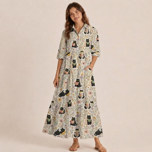 V Neck Collared Books Blooms and Black Cats Print Casual Midi Dress With Pockets
