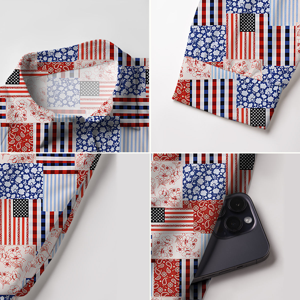 V Neck Collared Patriotic Patchwork Quilt Mini Dress For Women With Pockets