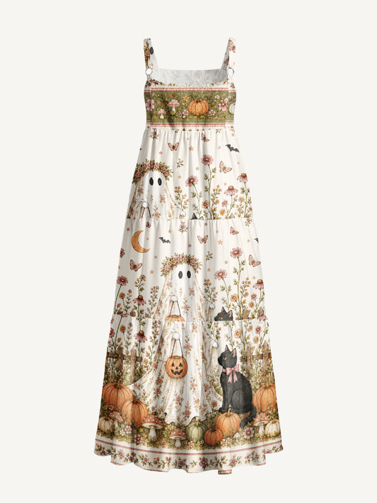Garden Pumpkin Cat & Ghost Print Wide Straps Maxi Dress With Pockets