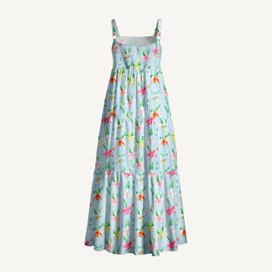 Colourful Orchid Print Wide Straps Maxi Dress With Pockets