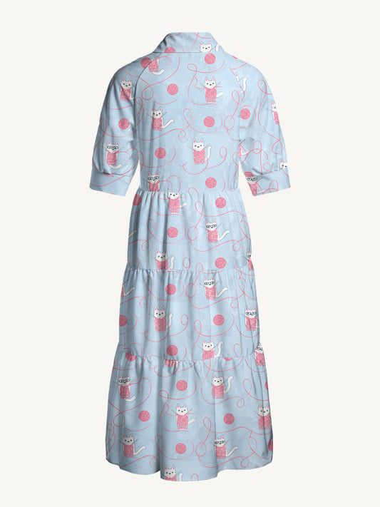 V Neck Collared Cozy Yarn Basket Cat Print Casual Midi Dress With Pockets