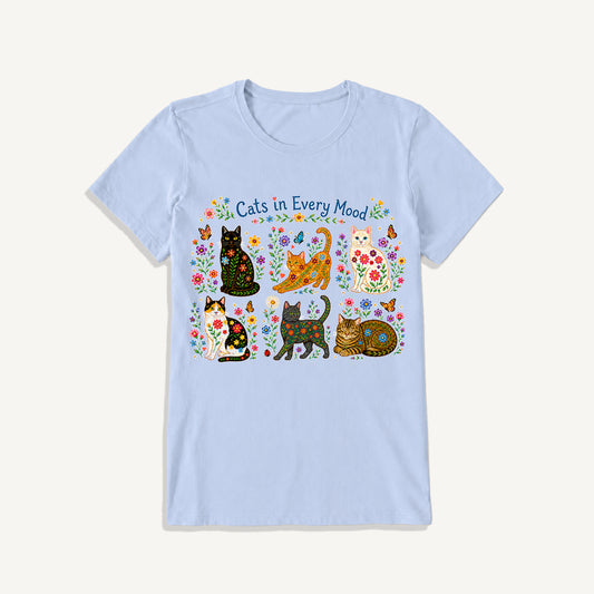 Cats in Every Mood Print Crew Neck Cotton Tee