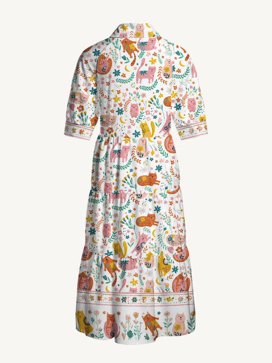 V Neck Collared Floral Cozy Cat Print Casual Midi Dress With Pockets