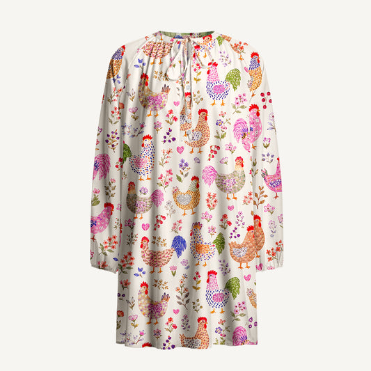 Colorful Farm Chickens Print Boho Tie‑Neck Smock Mini Dress