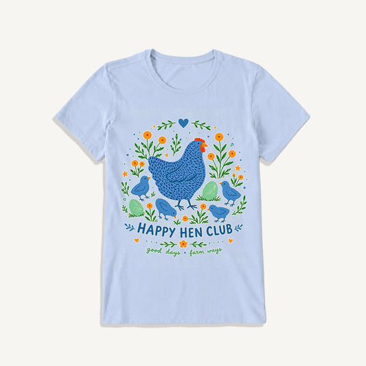 Blue Hen and Chicks Garden Print Crew Neck Cotton Tee