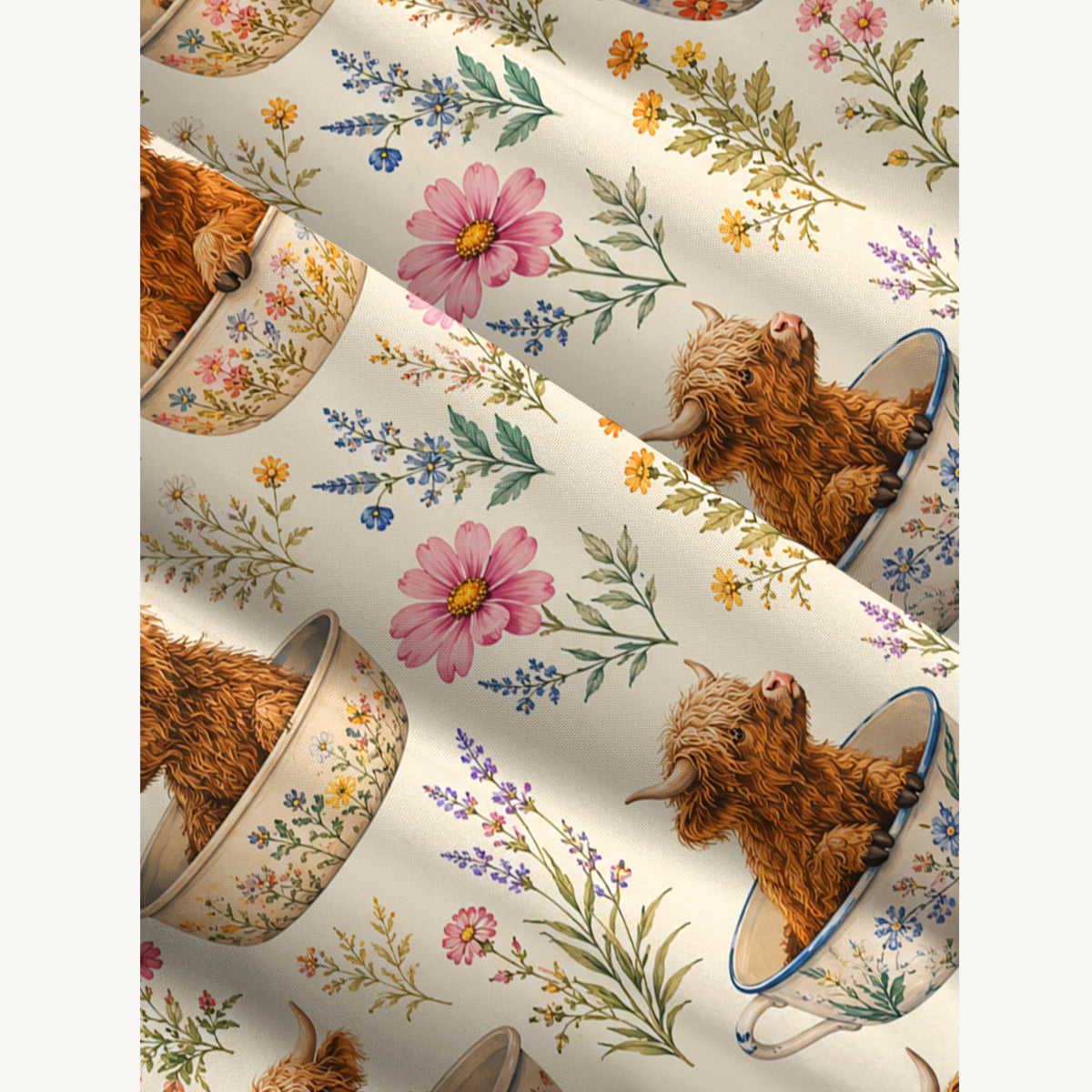 Highland Cow Teacup Floral Print Wide Straps Maxi Dress With Pockets