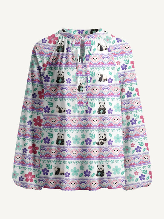 Panda Carnival Print Boho Long Sleeve Tie‑Neck Blouse