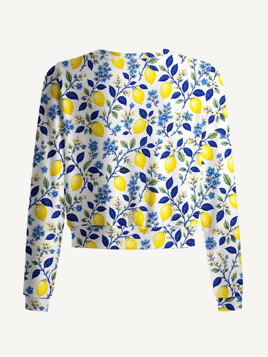 Lightweight Crew Neck Long‑Sleeve Cropped Blue Lemon Floral Print Fine‑Knit Cardigan