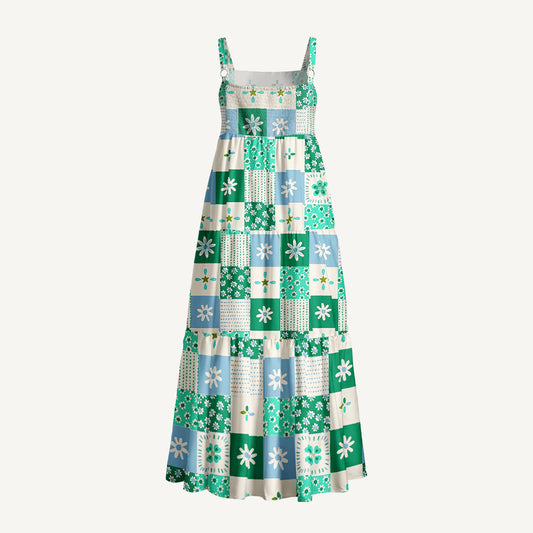 Patchwork Check Floral Print Wide Straps Maxi Dress With Pockets