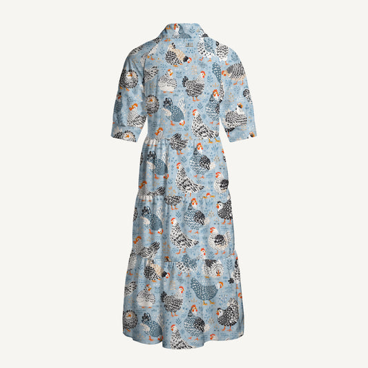 V Neck Collared Chickens Blue Print Casual Midi Dress With Pockets