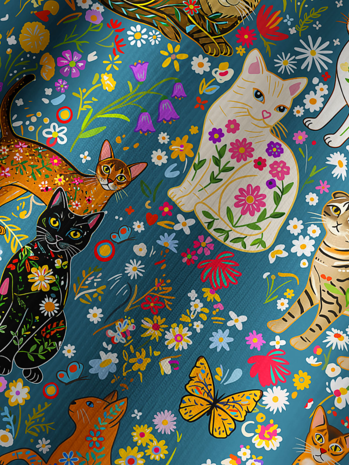 Colorful Garden Cat Pattern Print Boho Long Sleeve Tie‑Neck Blouse