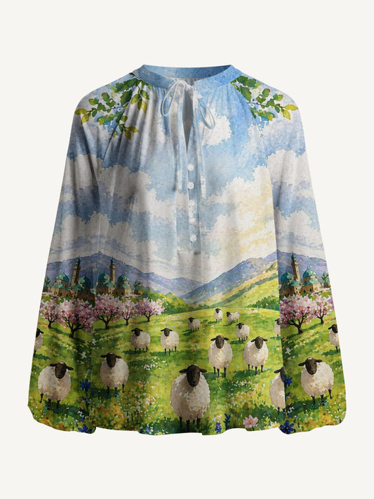 Spring Meadow Sheep and Blossoms Landscape Print Boho Long Sleeve Tie‑Neck Blouse